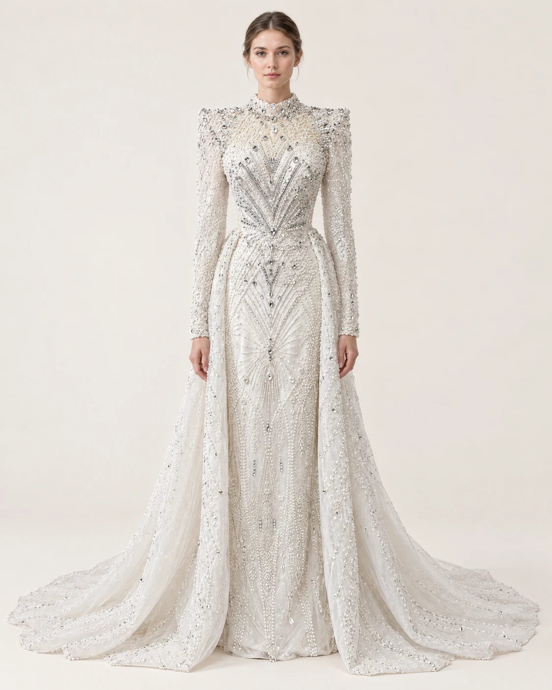IVORY CHEVRON GOWN — Ivory and silver