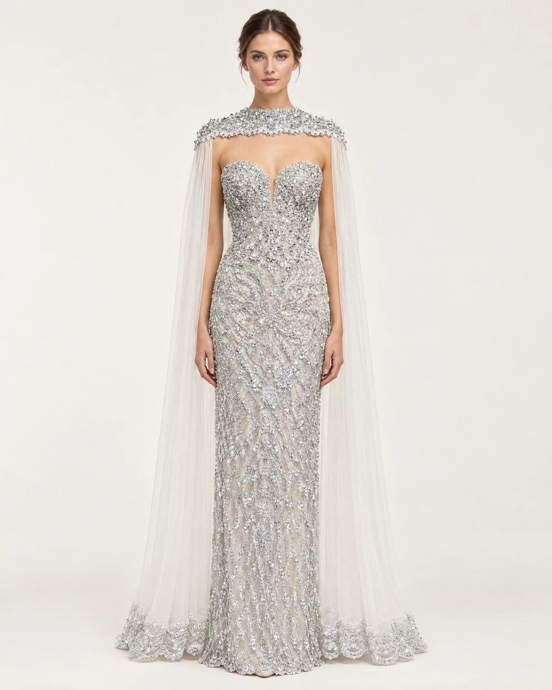 SILVER CRYSTAL CAPE GOWN — Сребрена и слонова коска