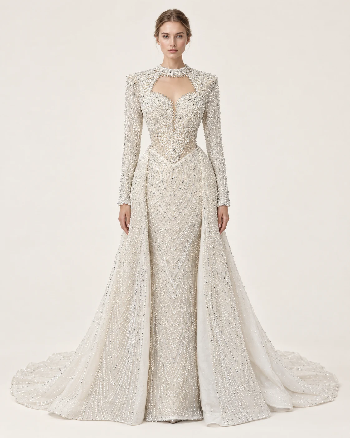 IVORY PEARL COLLAR GOWN — Ivory and pearl