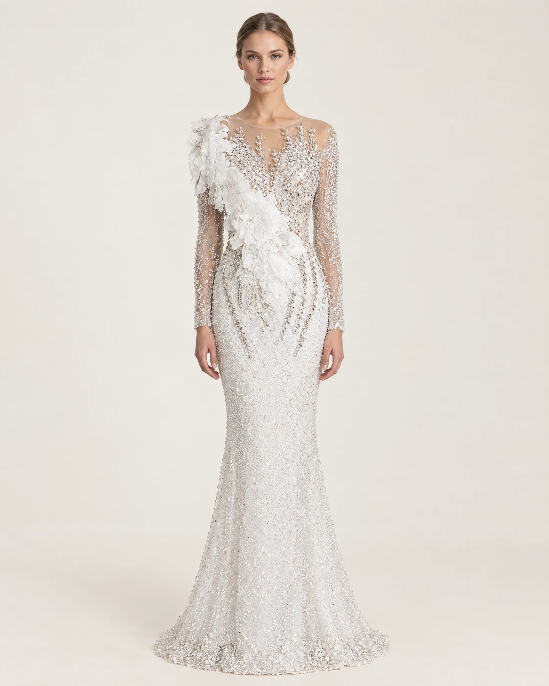 IVORY FLOWER MERMAID GOWN — Ivory and crystal