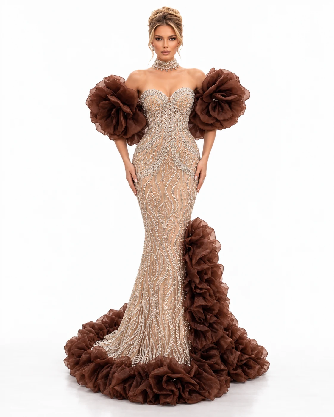 CHOCOLATE ROSETTE GOWN — Nude and chocolate