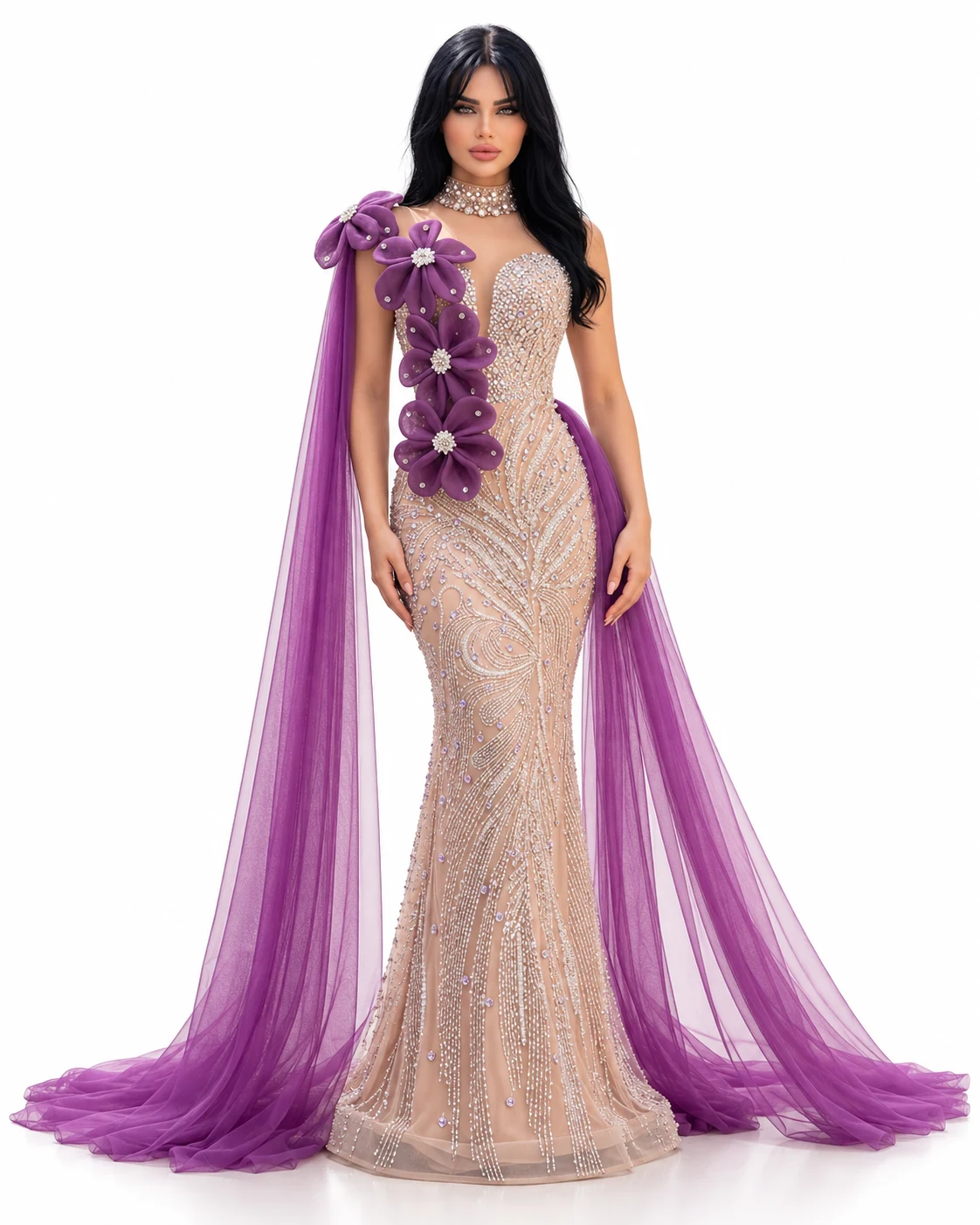 PURPLE FLOWER CAPE GOWN — Nude dhe vjollcë