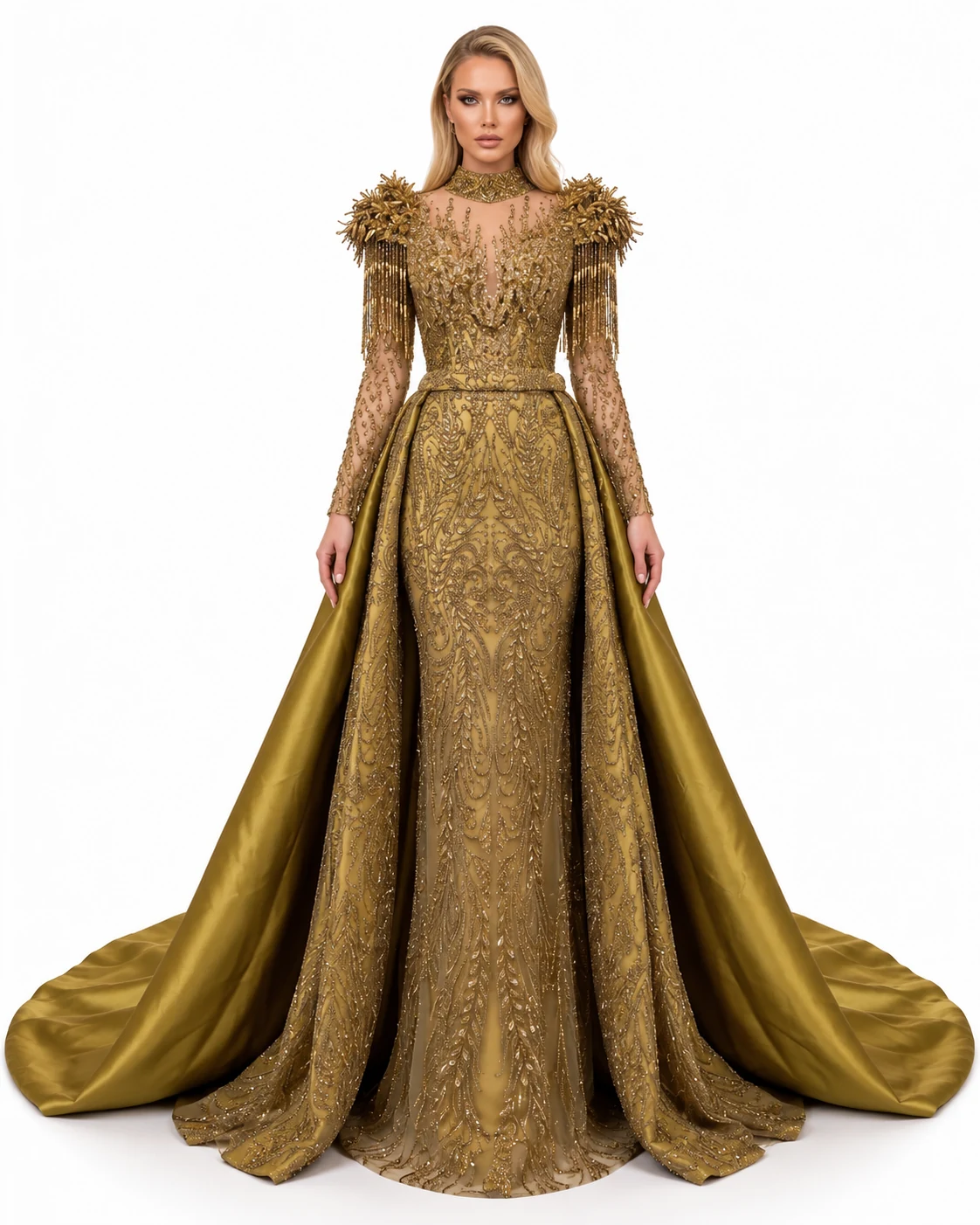 OLIVE FEATHERED GOWN — Ullinjtë dhe ar antik