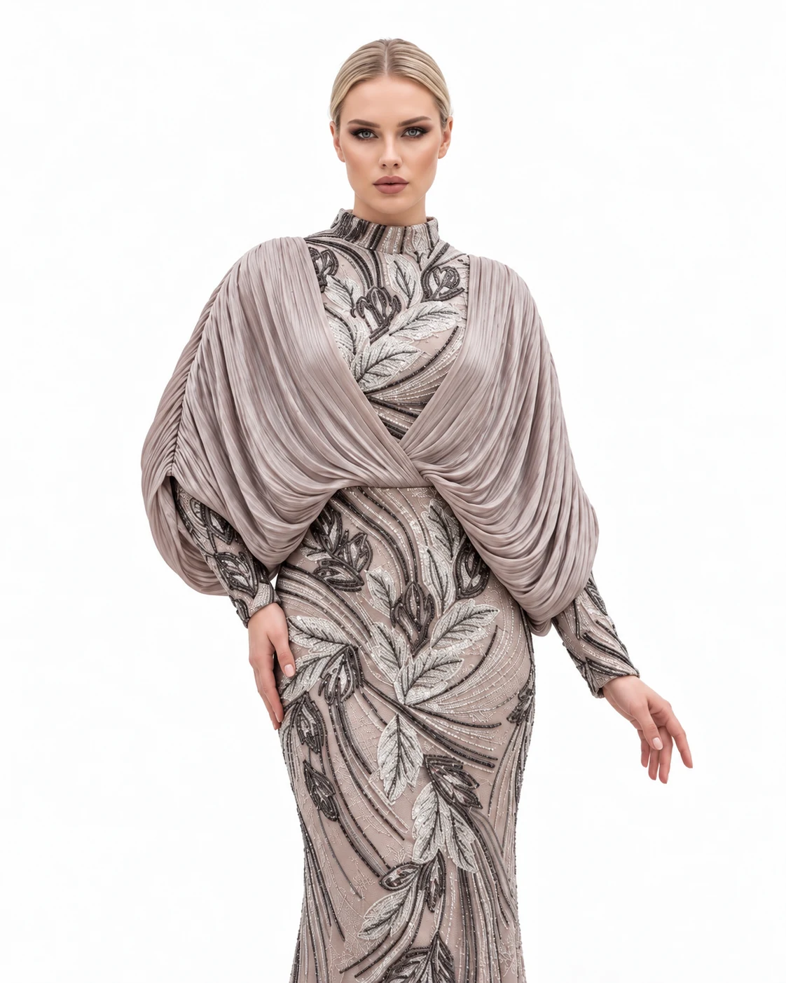 TAUPE BATWING COLUMN GOWN — Таупе