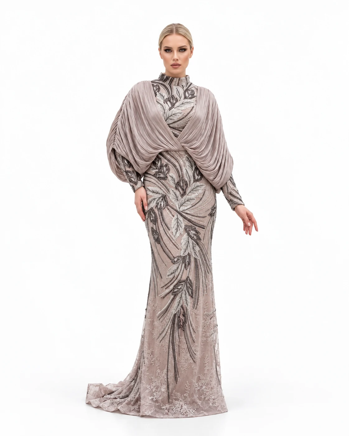 TAUPE BATWING COLUMN GOWN — Vizon
