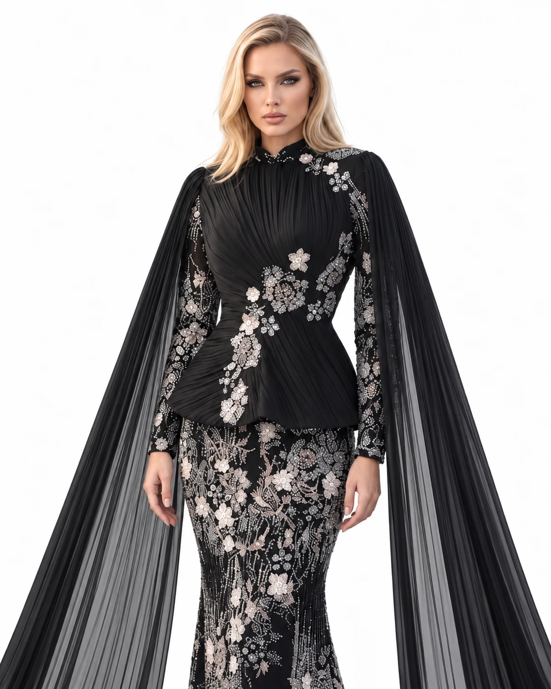 BLACK WINGED PEPLUM GOWN — Црна