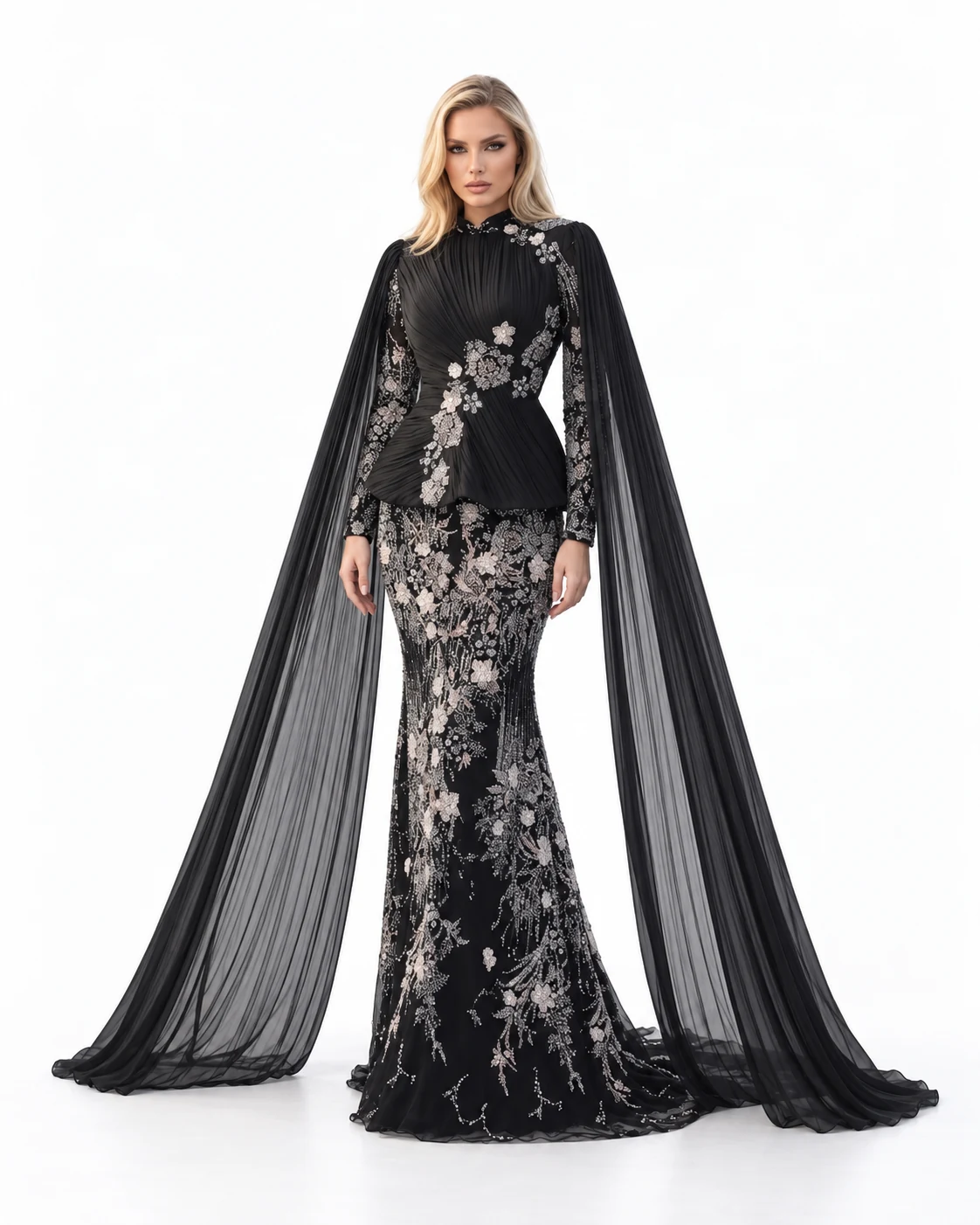 BLACK WINGED PEPLUM GOWN — Siyah