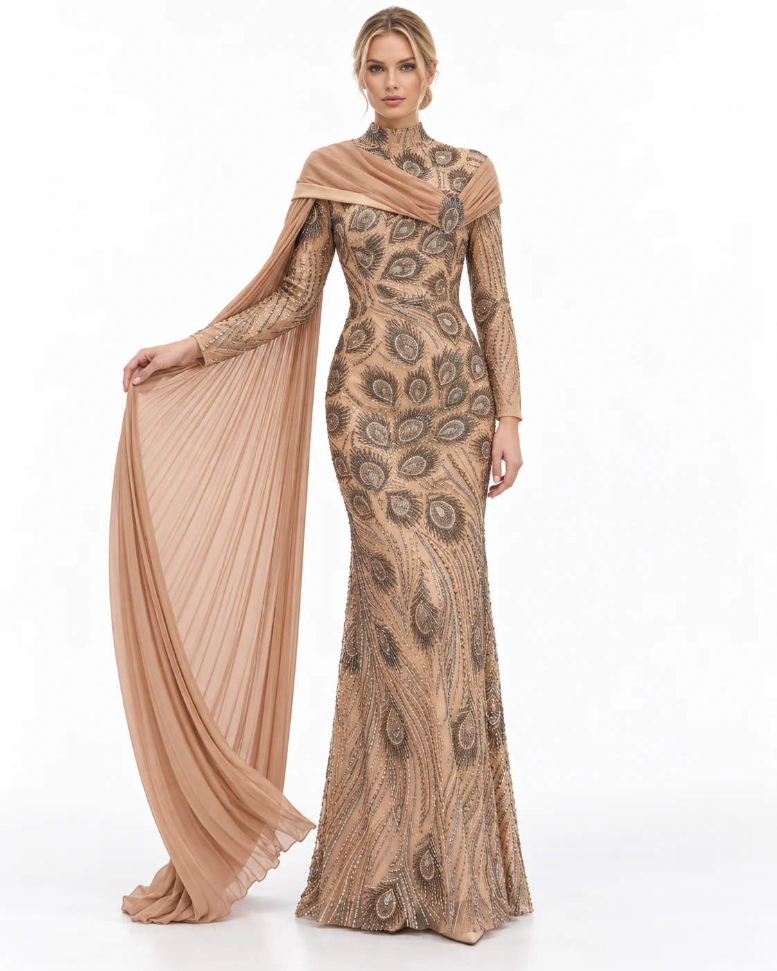 NUDE PEACOCK BEADED GOWN — Nude