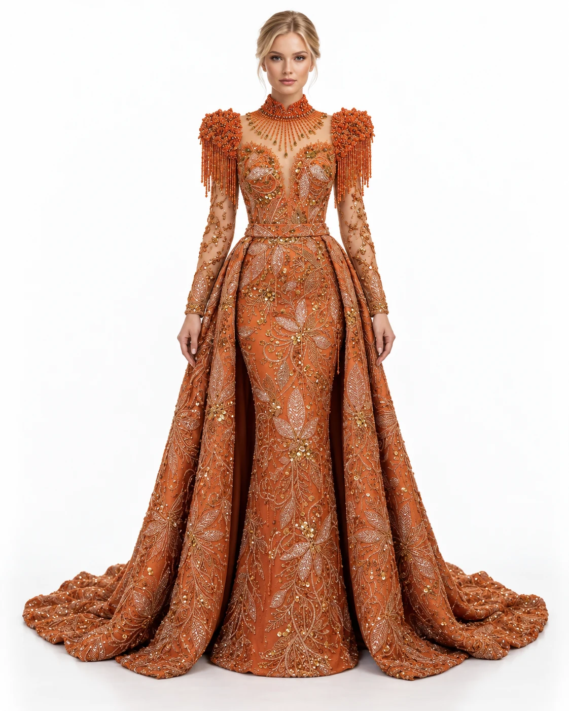 BURNT ORANGE FRINGE GOWN — Печена портокалова