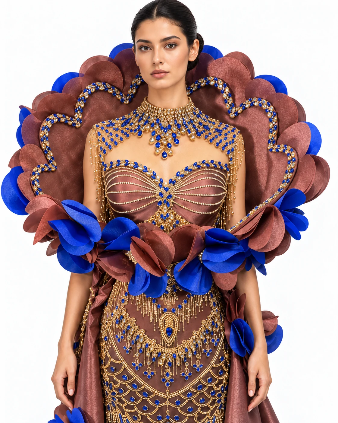 BRONZE PETAL HALO GOWN — Бронза и кралско сино