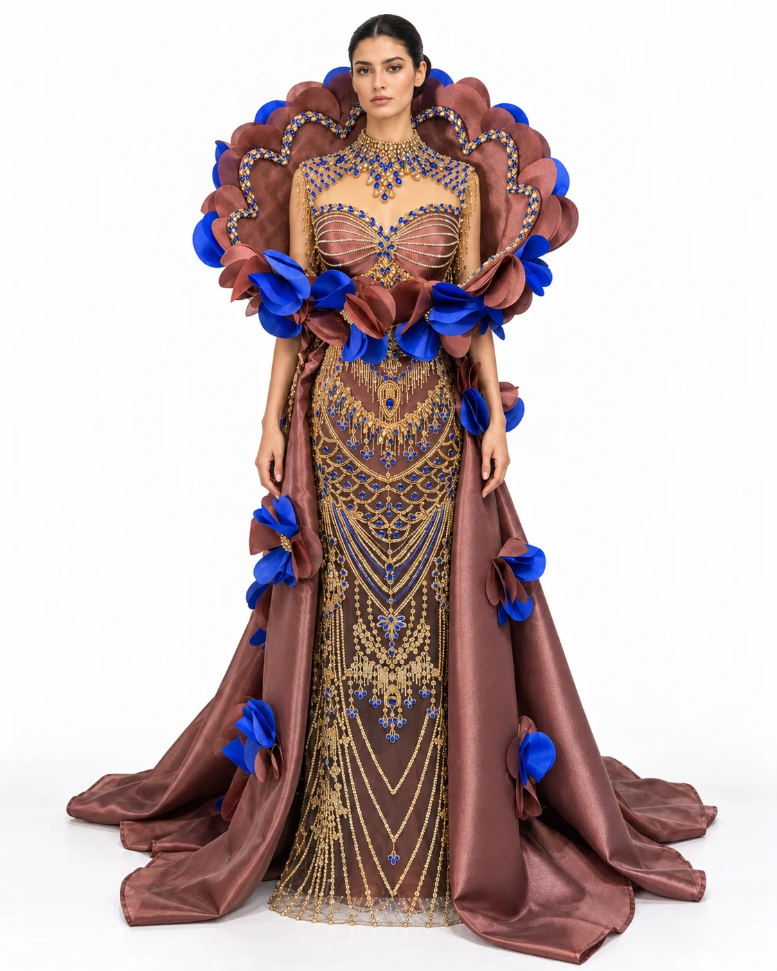 BRONZE PETAL HALO GOWN — Bronze and royal blue