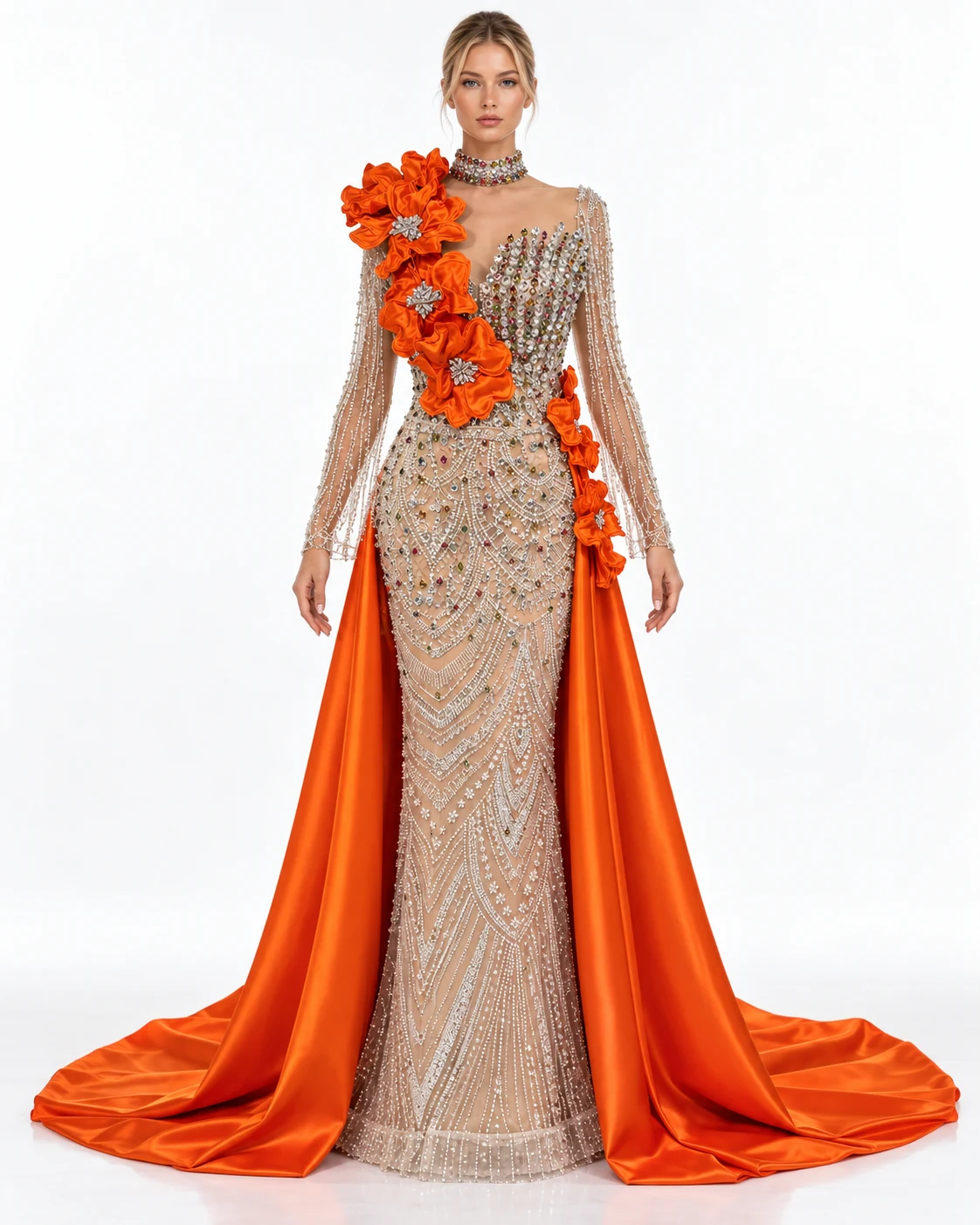 ORANGE CASCADE GOWN — Nude and orange