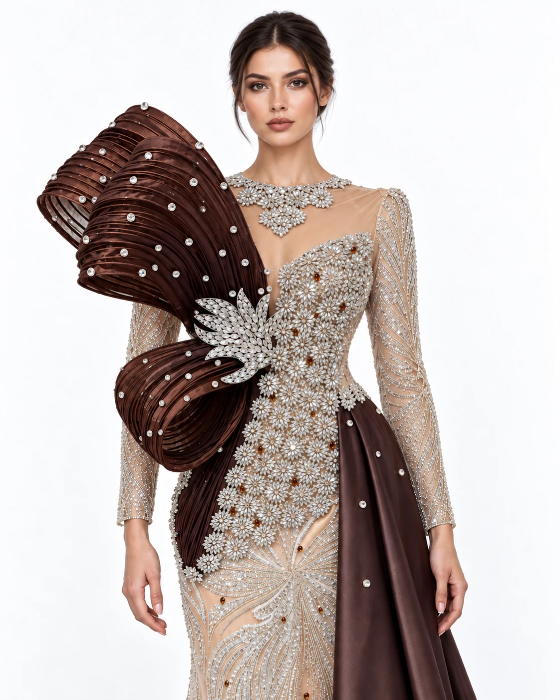 IVORY PLEATED FAN GOWN — Слонова коска и чоколадна