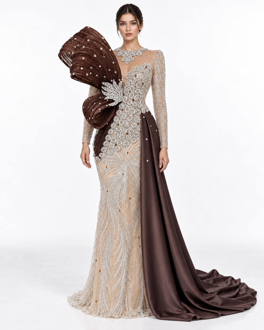 IVORY PLEATED FAN GOWN — Ivory and chocolate