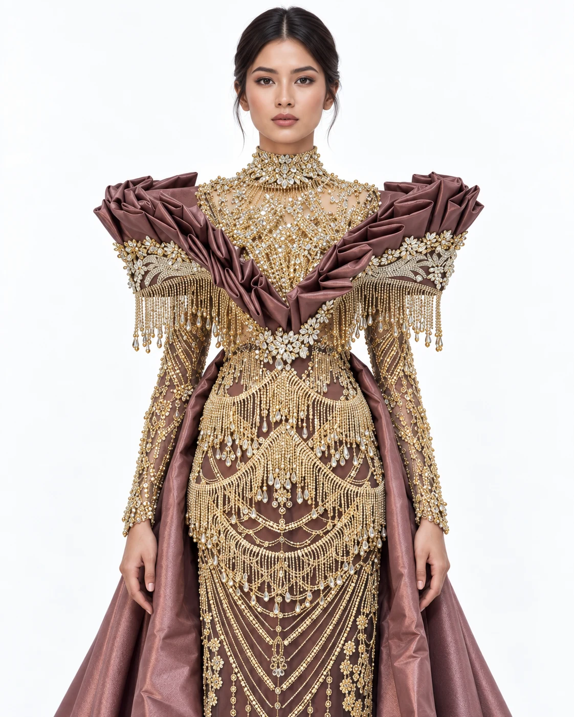 GOLD FRINGED COLLAR GOWN — Злато и мов