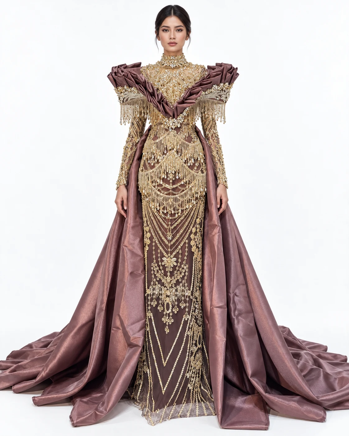 GOLD FRINGED COLLAR GOWN — Злато и мов
