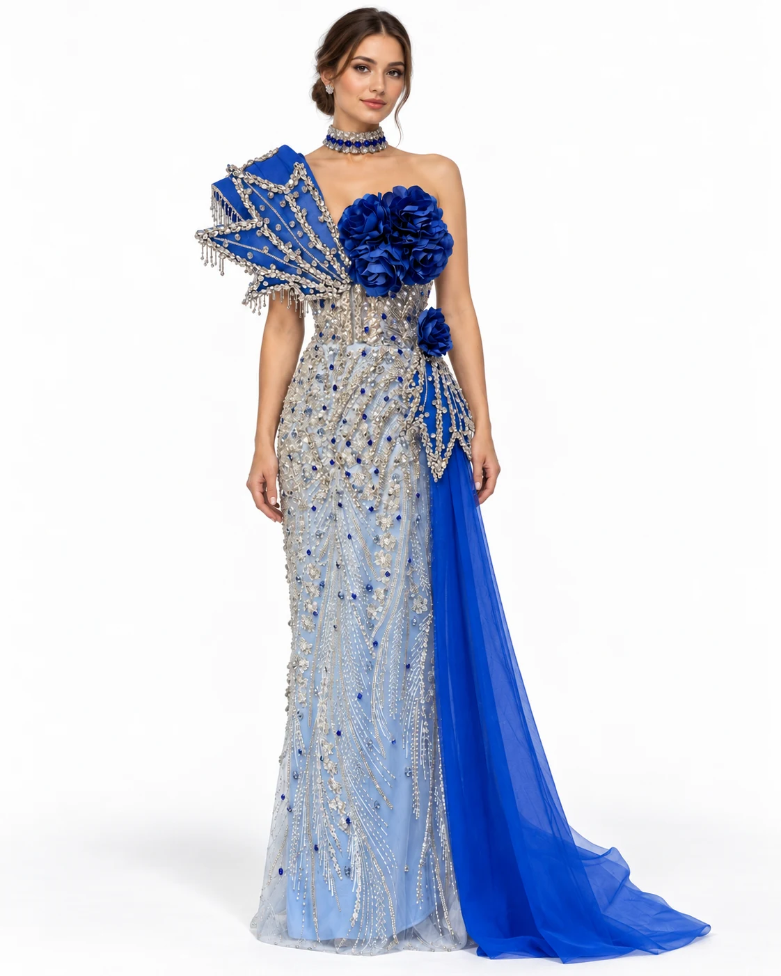 ICE SILVER FAN GOWN — Buz gümüşü ve saks mavisi