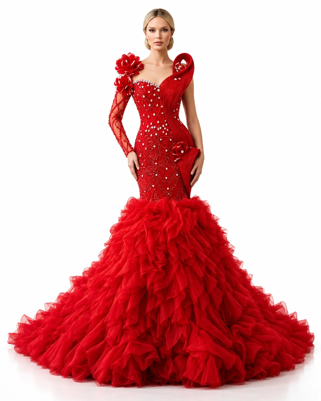 RED SHOULDER FLOWER DRESS — E kuqe