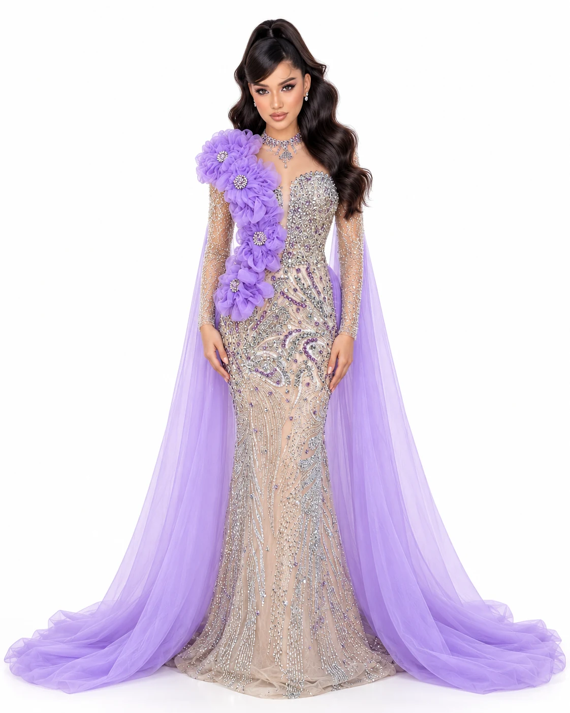 SILVER LILAC CASCADE GOWN — Silver and lilac