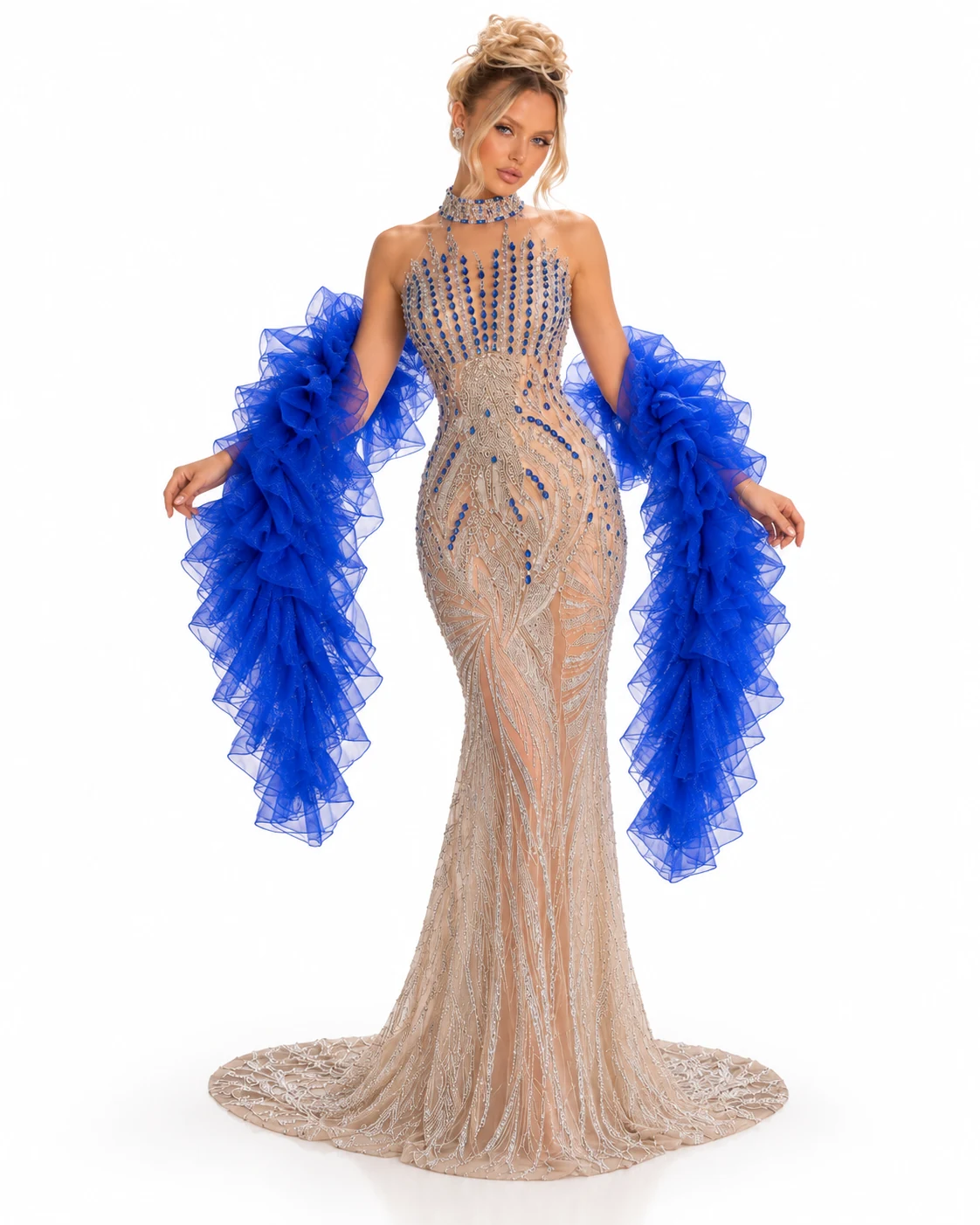 NUDE BEADED HALTER DRESS — Нуд