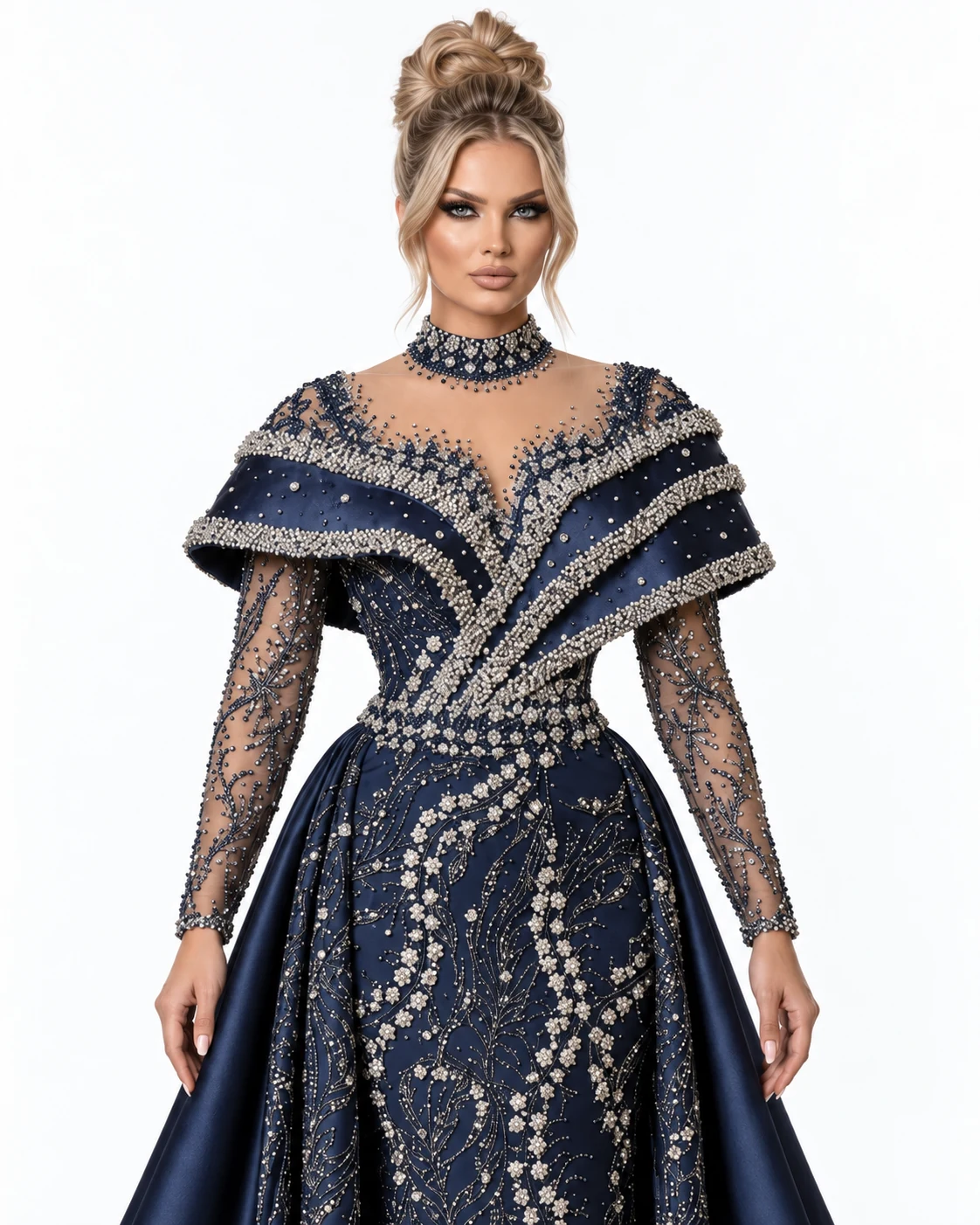 NAVY WRAP COLLAR GOWN — Темносина
