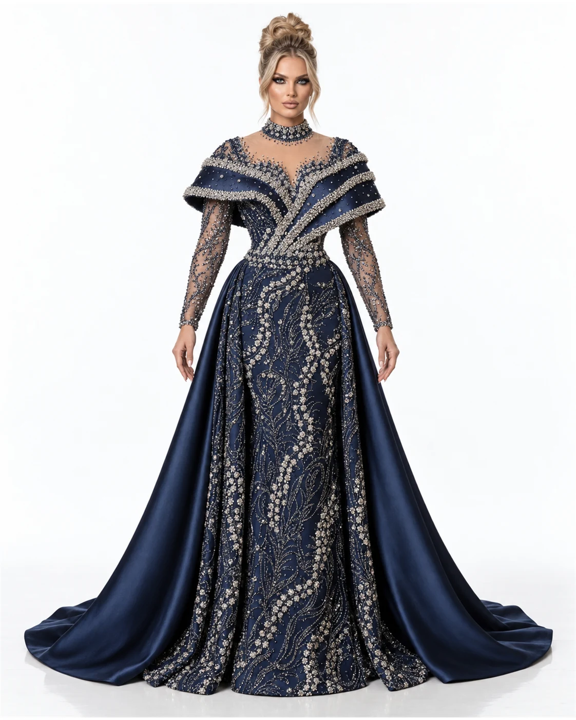 NAVY WRAP COLLAR GOWN — Navy