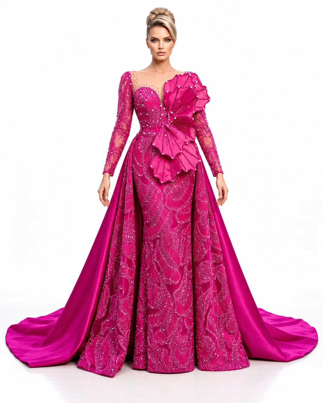 FUCHSIA FAN FLOWER GOWN — Fuşya