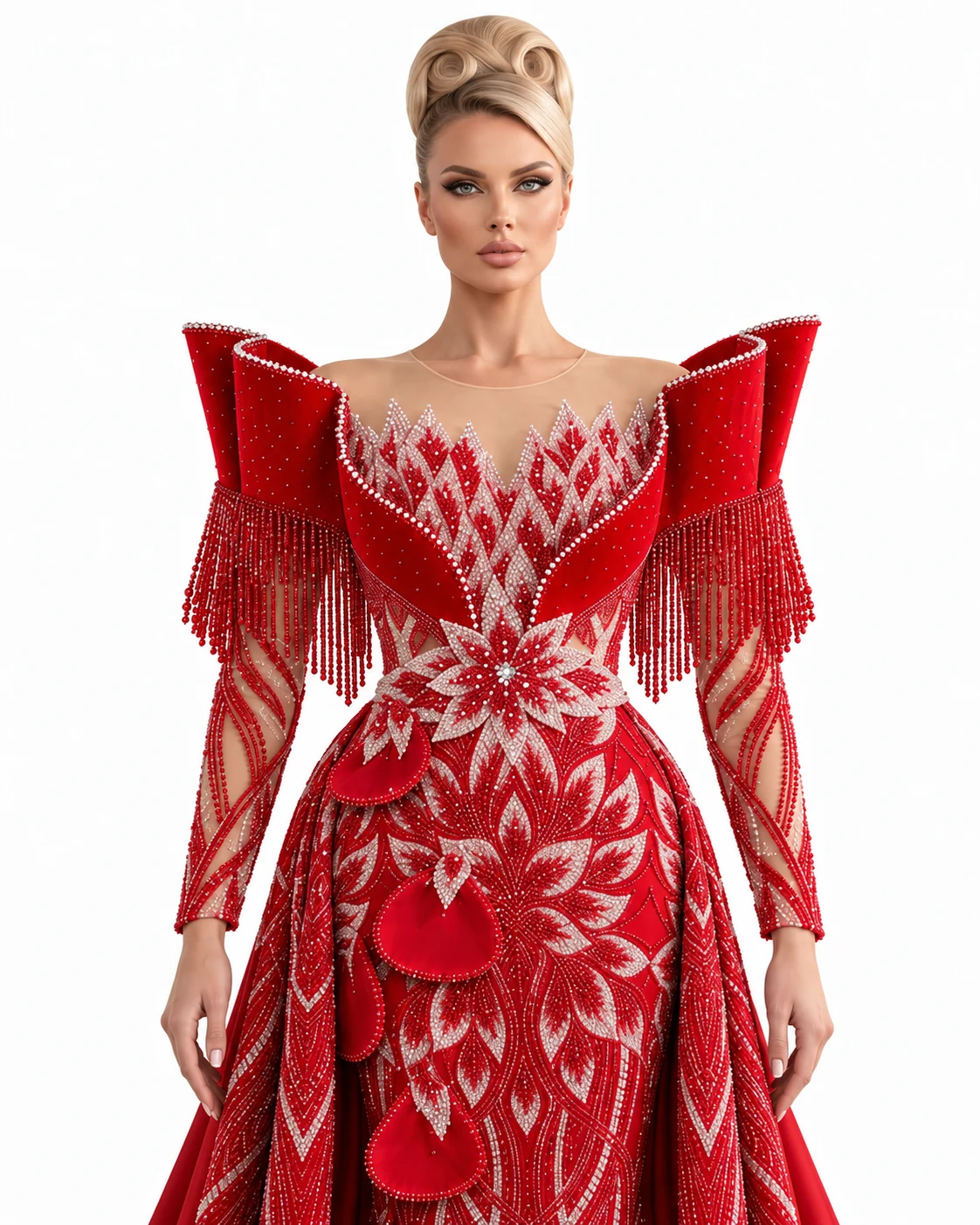 RED WINGED SHOULDER GOWN — Црвена