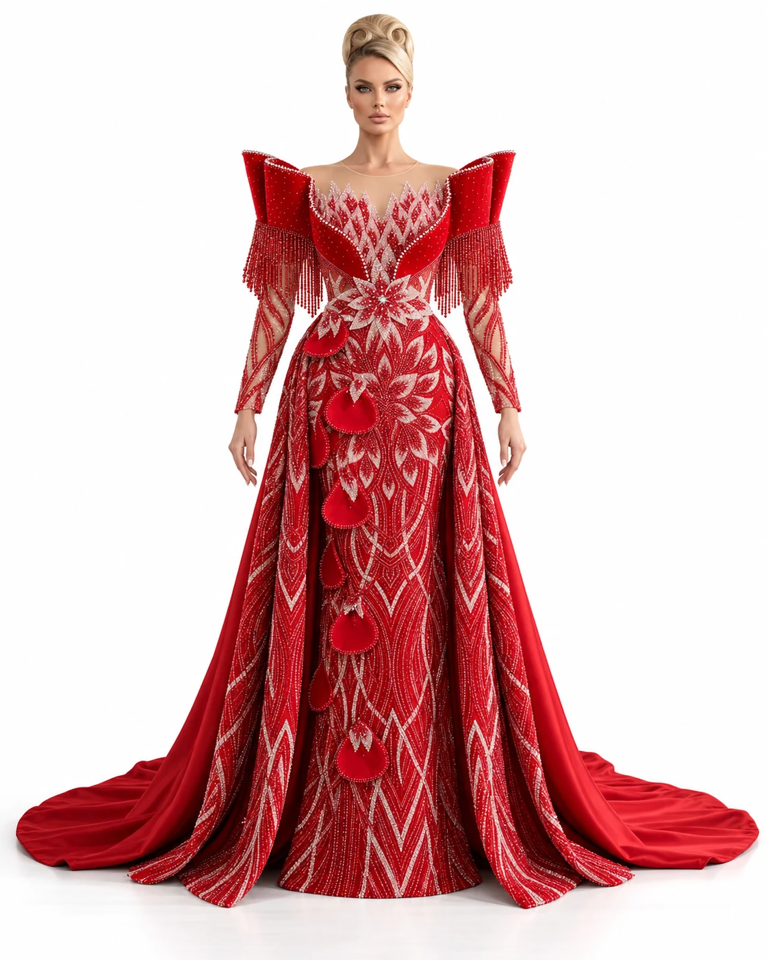 RED WINGED SHOULDER GOWN — Red