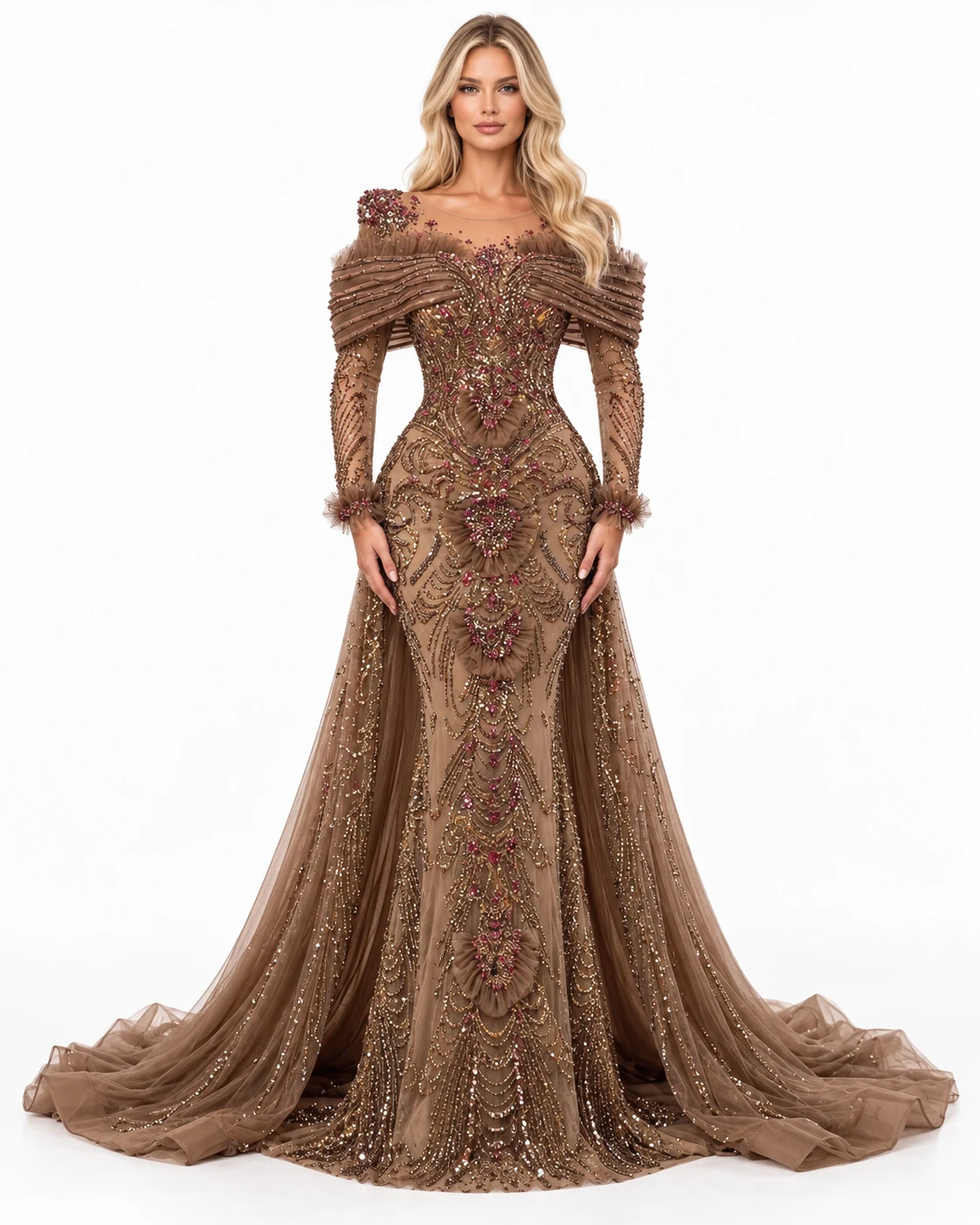KHAKI PLEATED BAND GOWN — Каки и злато
