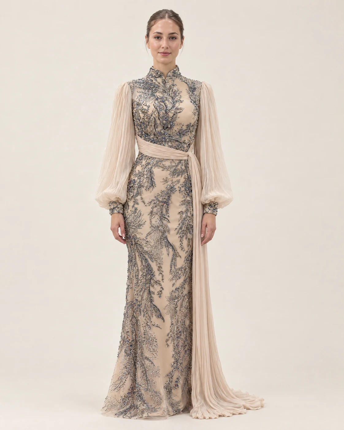 BEIGE FOLIAGE DRAPE GOWN — Беж и сино-сиво