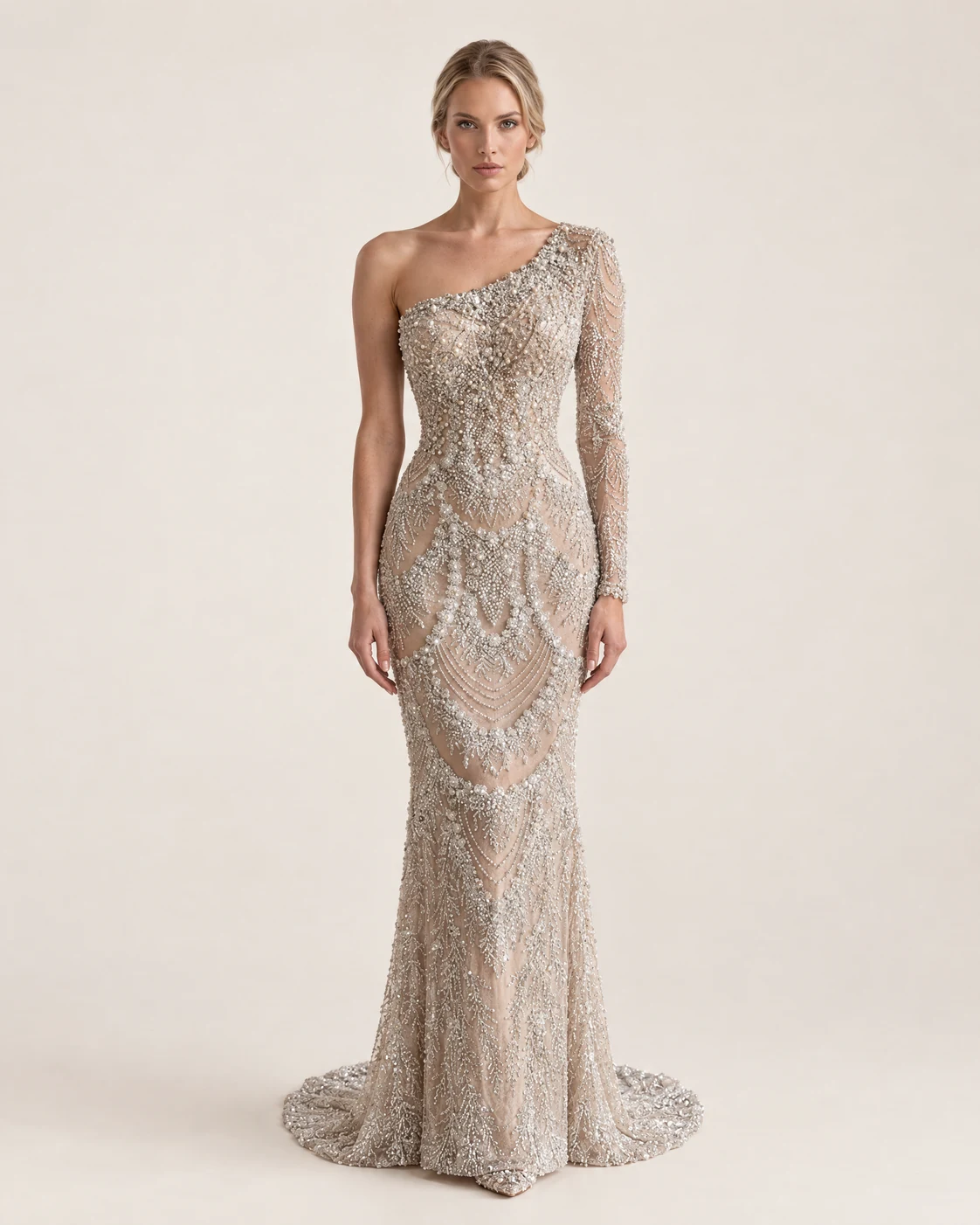 SILVER ONE SLEEVE GOWN — Argjend shampanjë