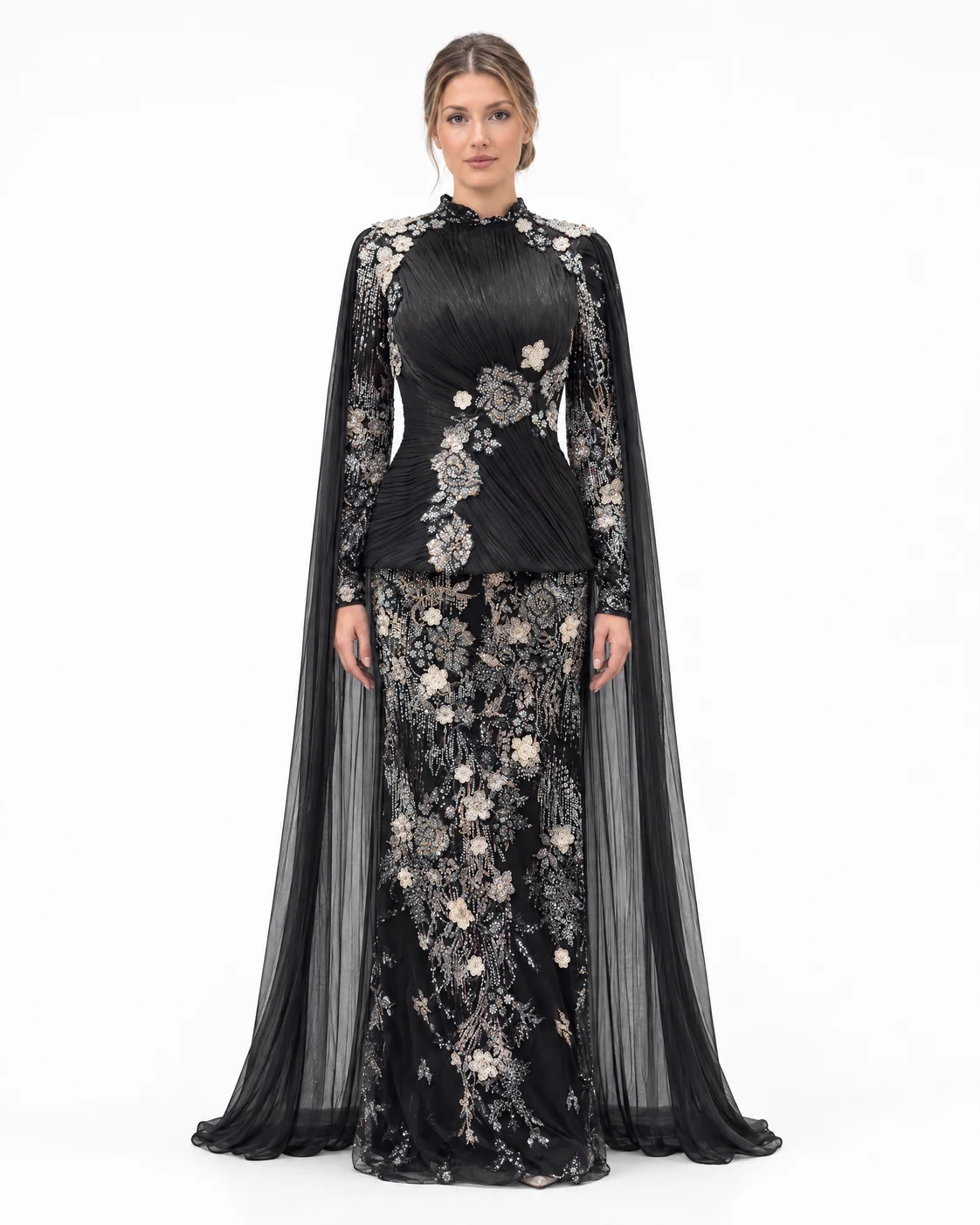 BLACK FLORAL CAPE GOWN — Black