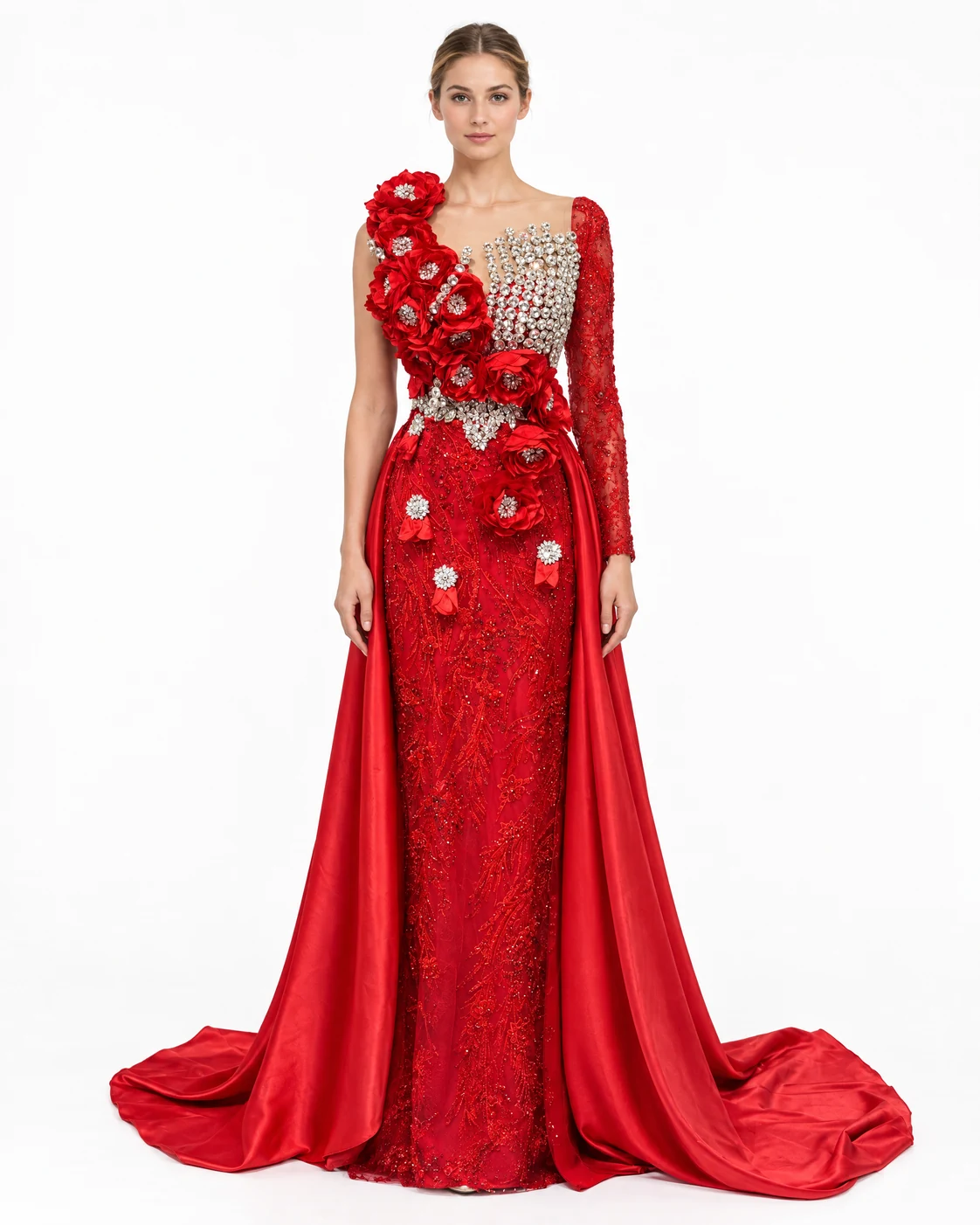RED FLORAL CASCADE GOWN — Црвена