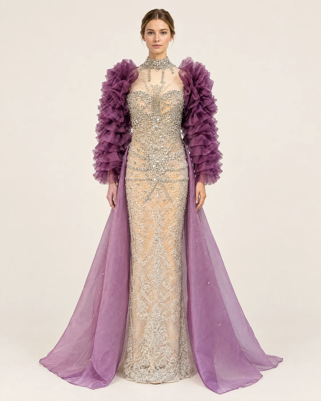 MAUVE RUFFLE SLEEVE GOWN — Сребрен нуд и мов