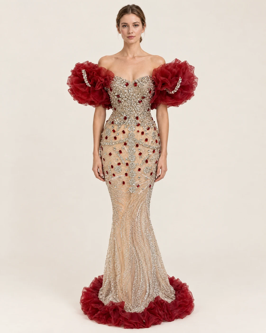 RED STONE RUFFLE DRESS — Nude and red