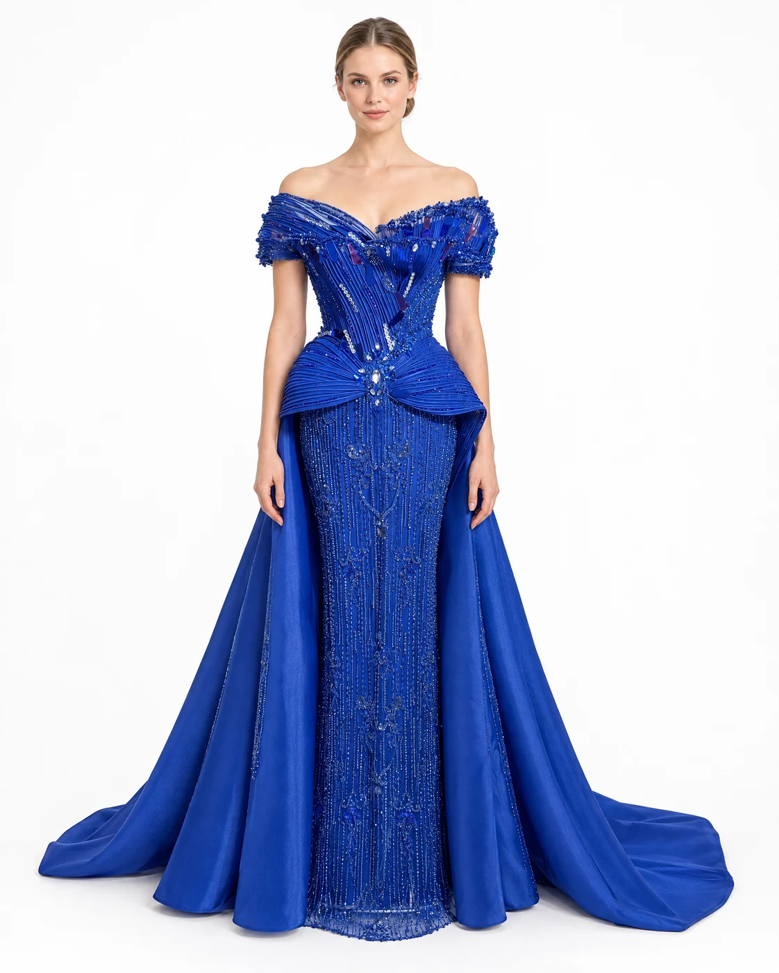 ROYAL BLUE PEPLUM GOWN — Blu mbretërore