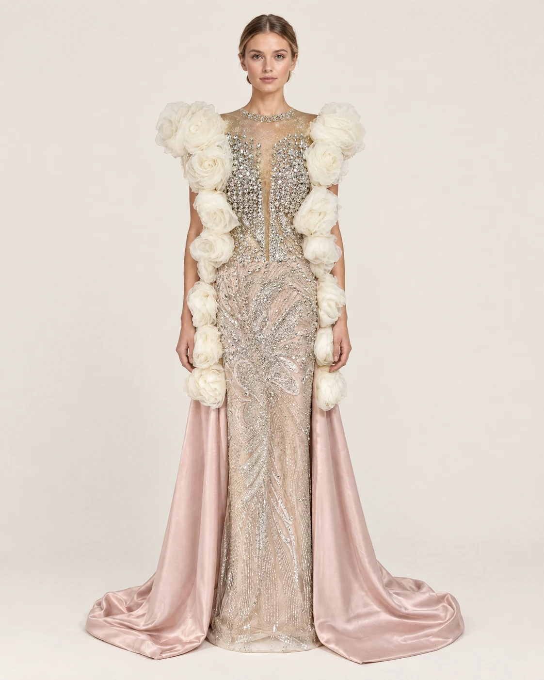 IVORY ROSE CASCADE GOWN — Нуд шампањ и слонова коска