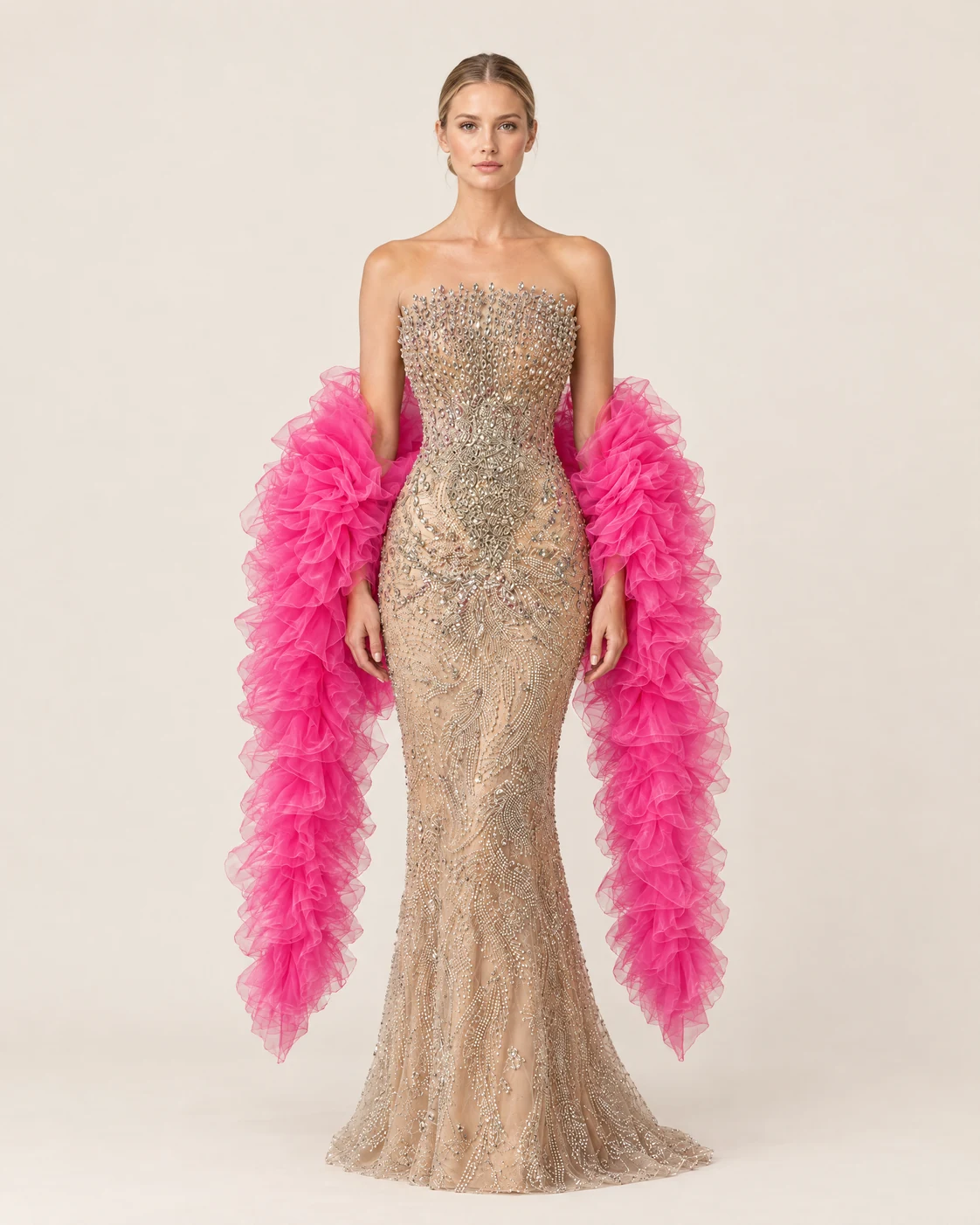 HOT PINK CRYSTAL DRESS — Nude and hot pink