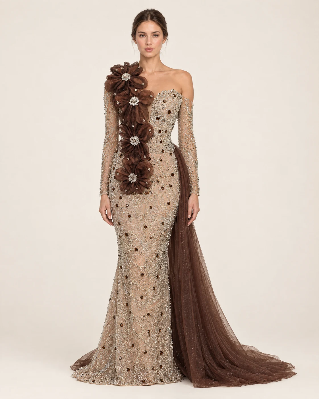 NUDE FLORAL DOT GOWN — Нуд и кафеава
