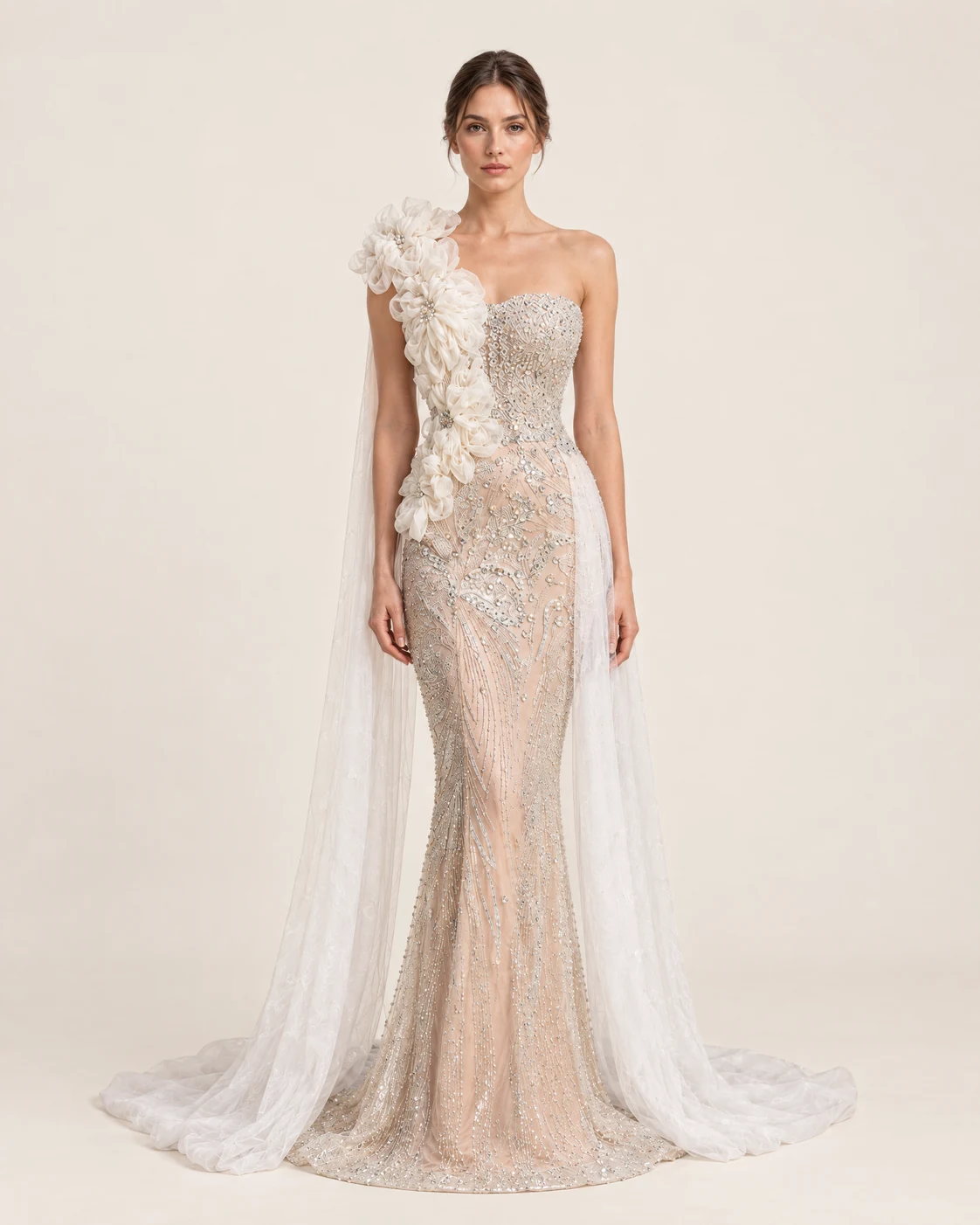 IVORY RUFFLE FLOWER GOWN — Нуд и слонова коска