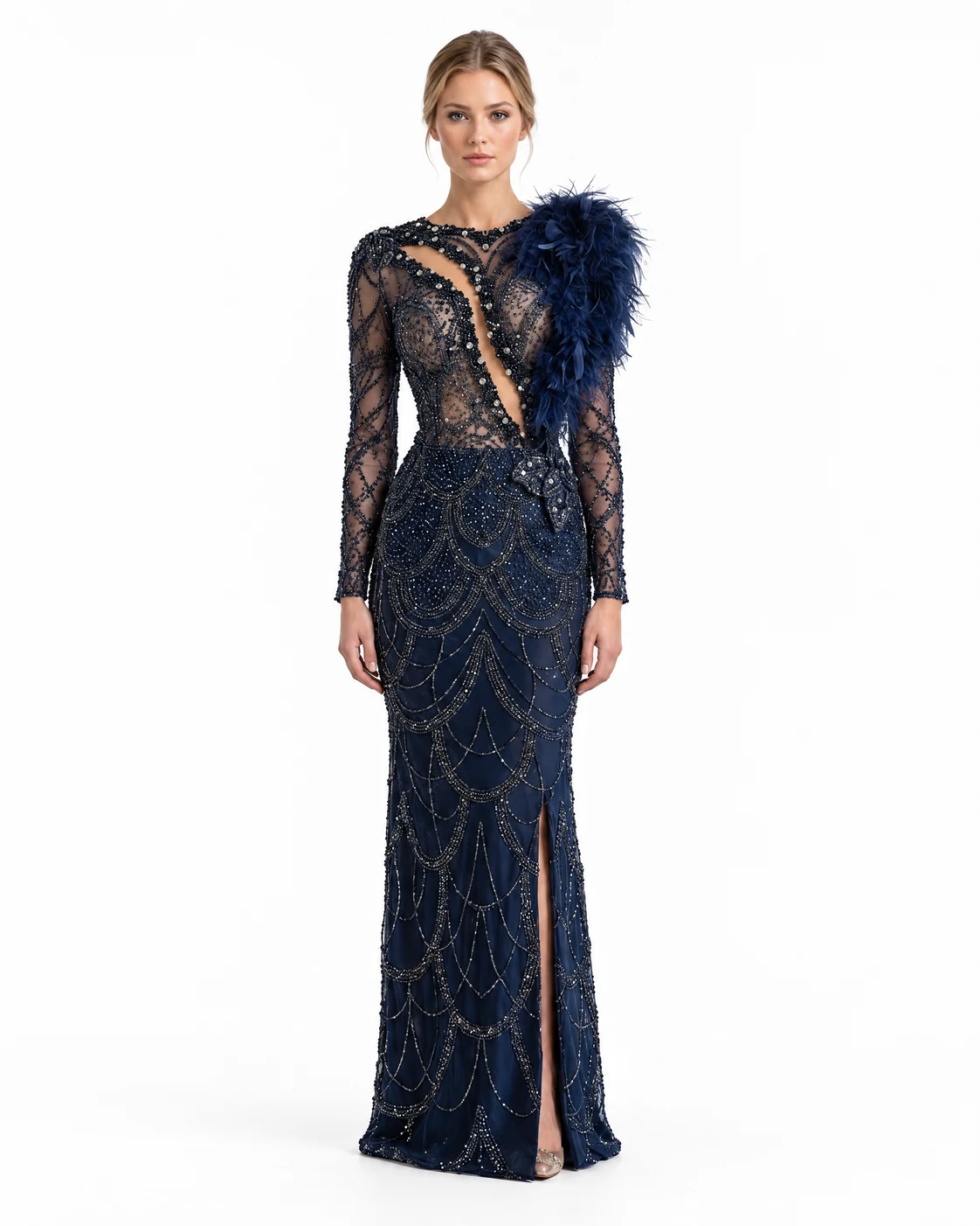NAVY FEATHER DRESS — Lacivert