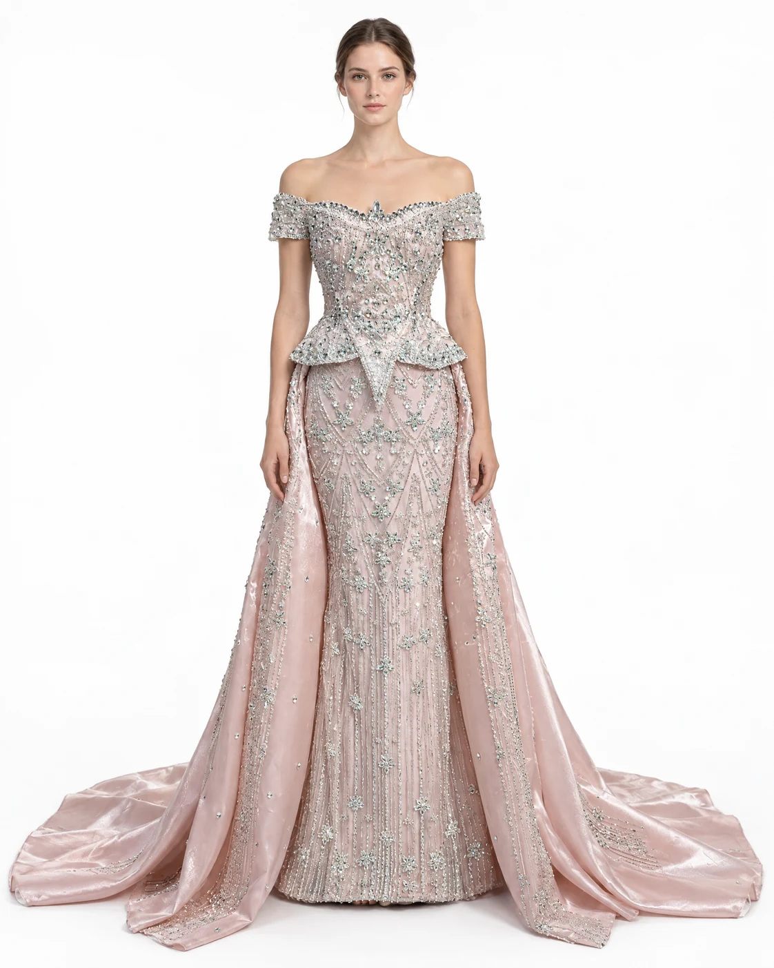BLUSH CRYSTAL PEPLUM GOWN — Pudra