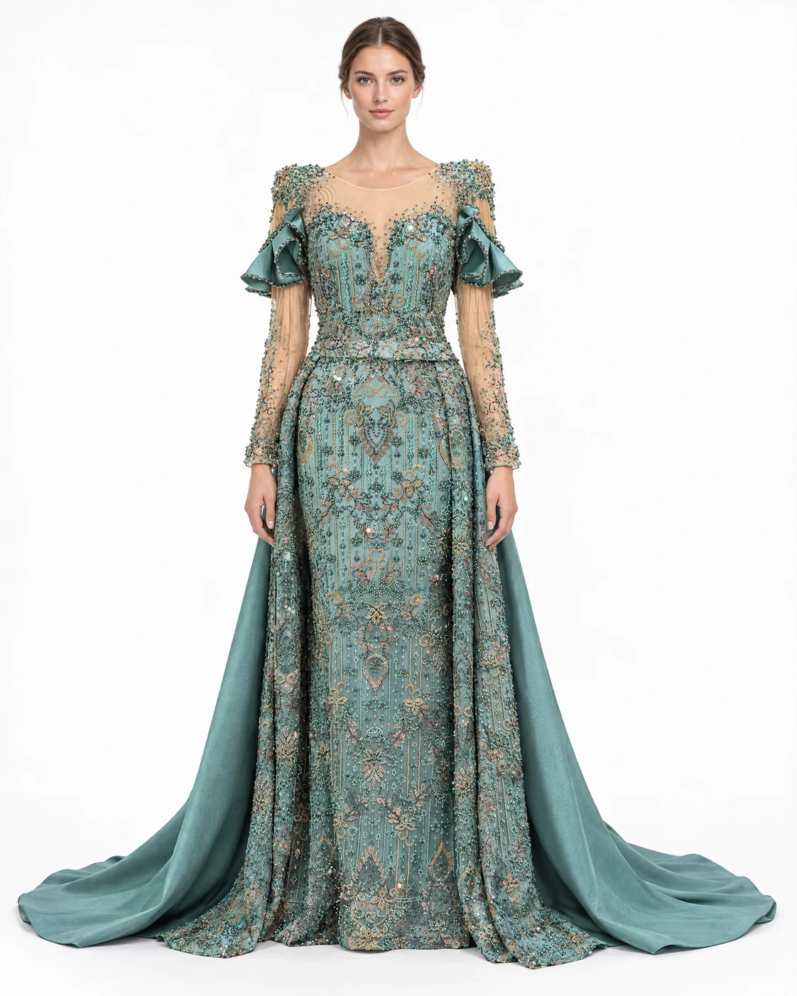 TEAL EMBROIDERED GOWN — Petrol yeşili