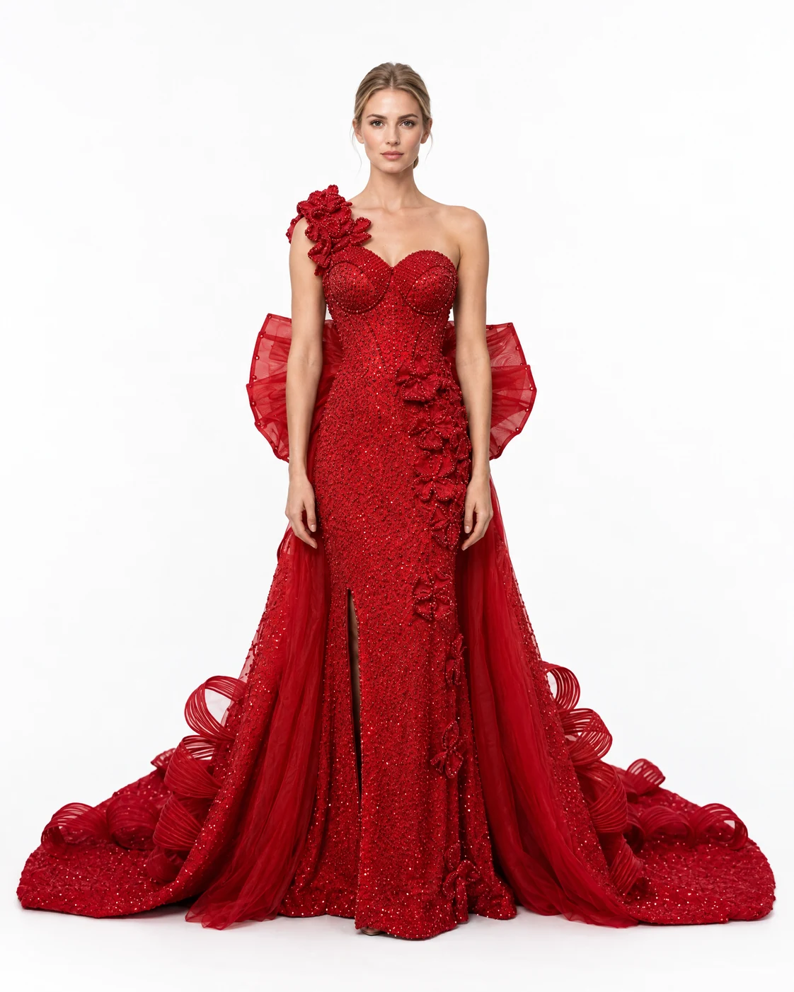 RED TRAINED RUFFLE GOWN — Црвена