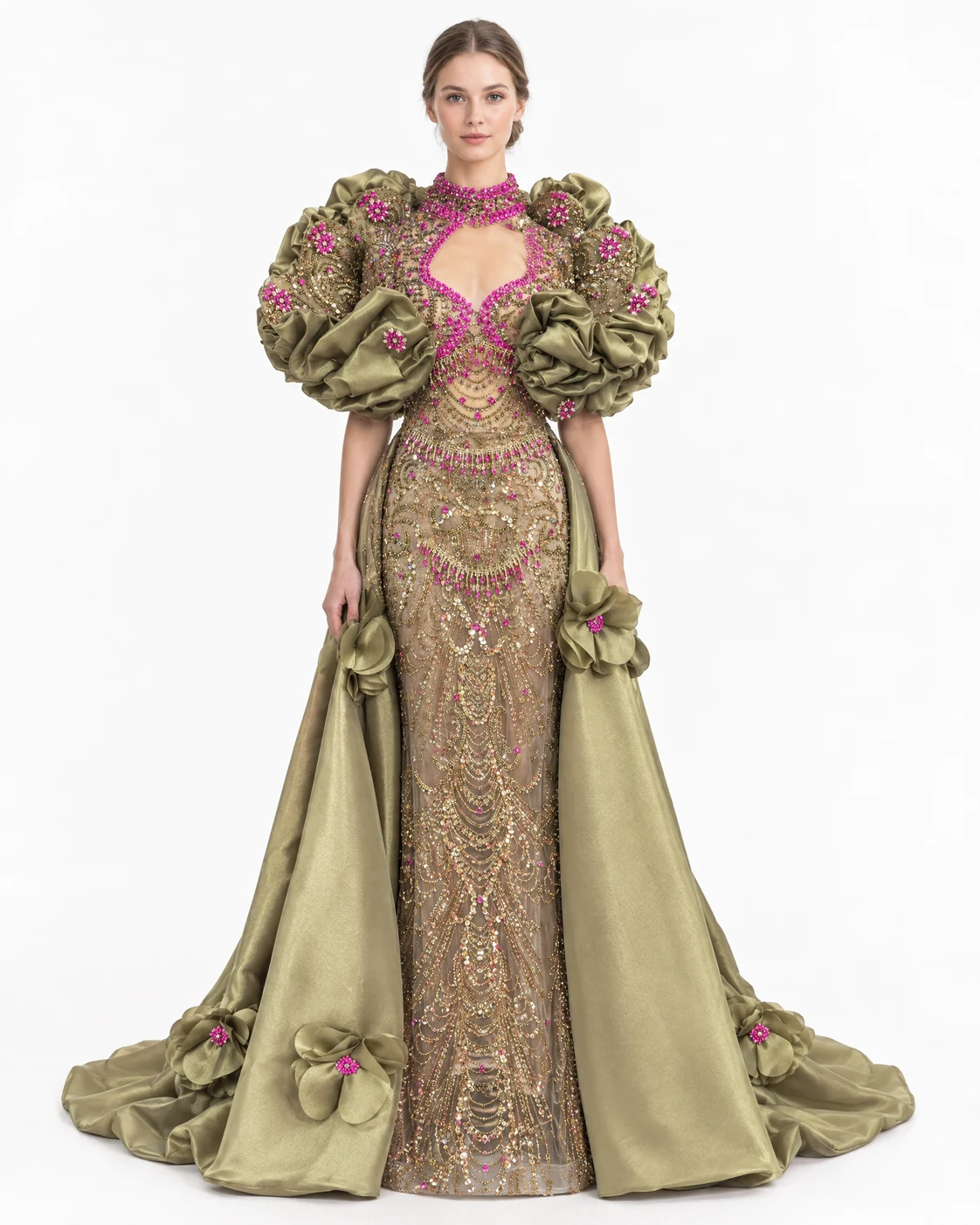 OLIVE ROSETTE GOWN — Zeytin yeşili ve antik altın