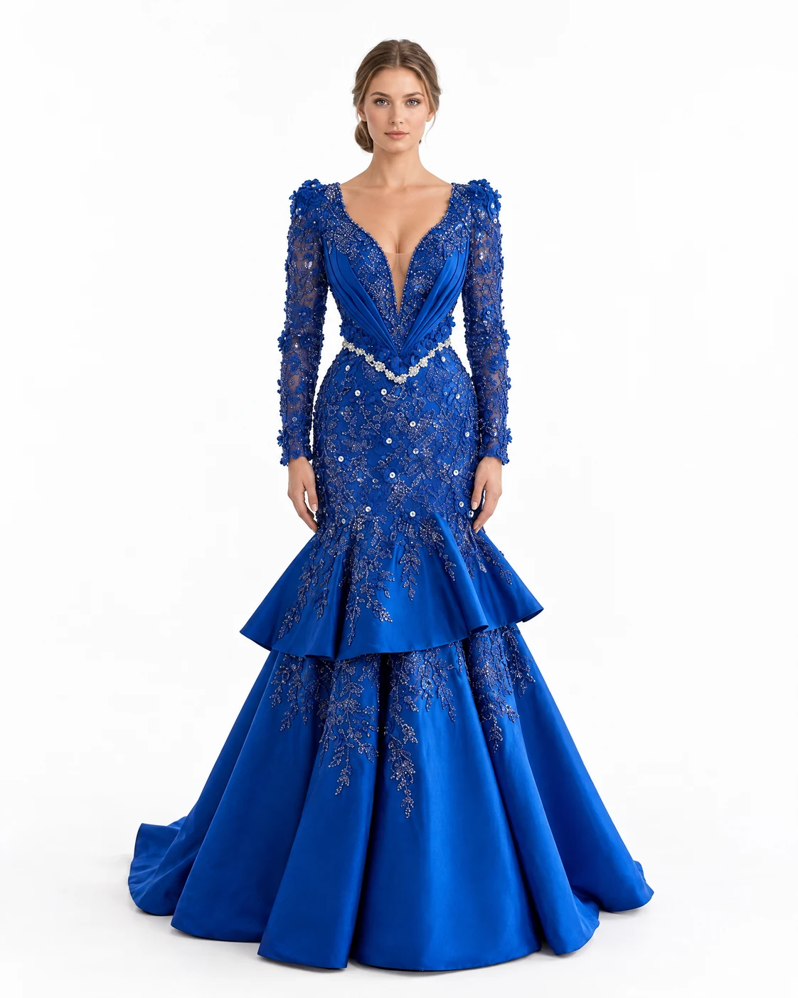 ROYAL BLUE FLOUNCE GOWN — Saks mavisi
