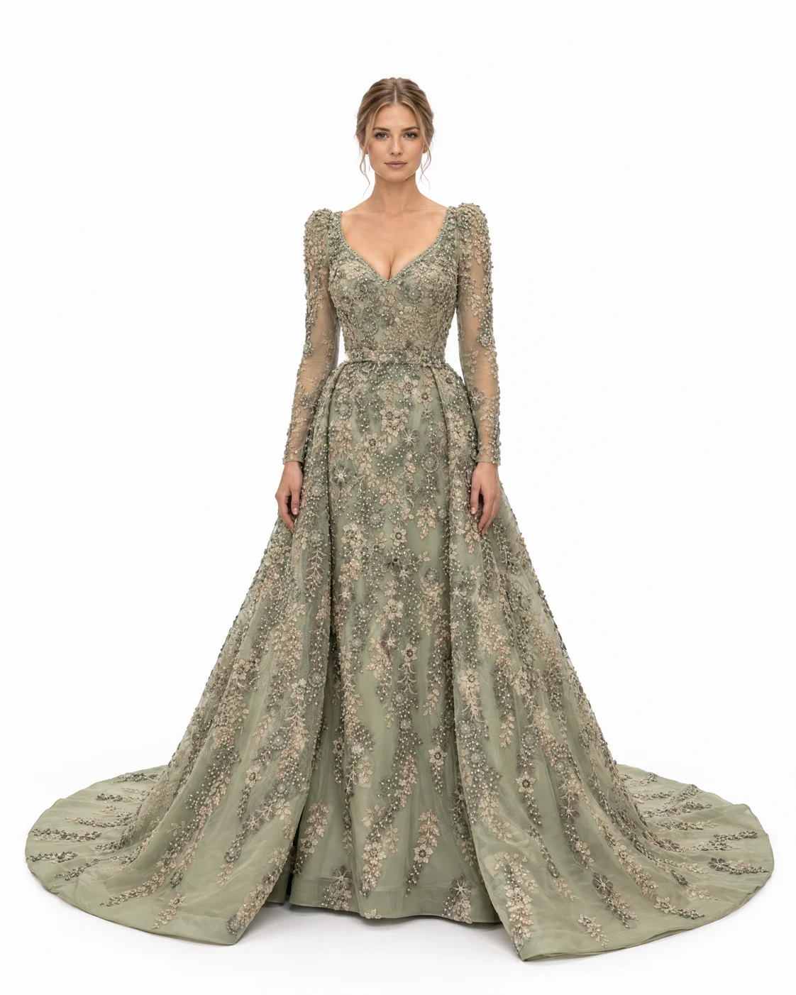 SAGE EMBROIDERED GOWN — Sage green