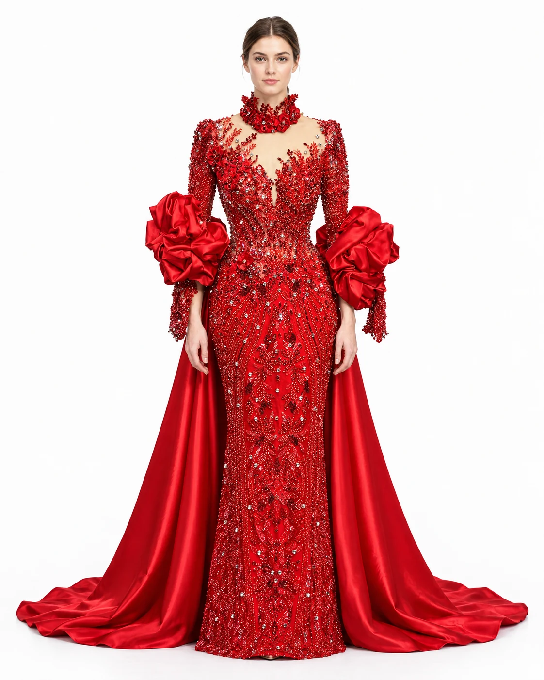 RED ROSETTE COLLAR GOWN — Црвена
