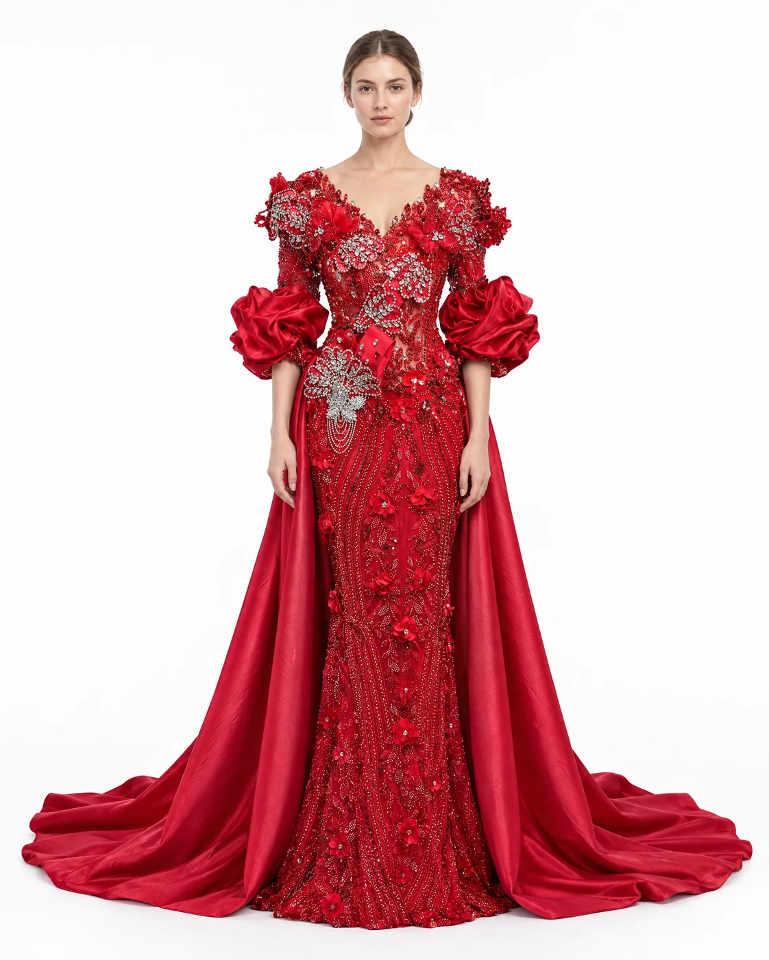 RED BROOCH FLOWER GOWN — Црвена и сребрена